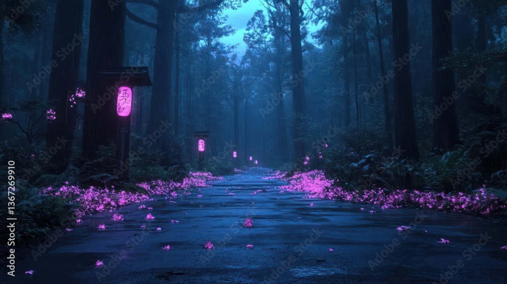 Leinwandbilder path through forest in soft lighting with glowing pink lights reflecting from water drops. tall tree