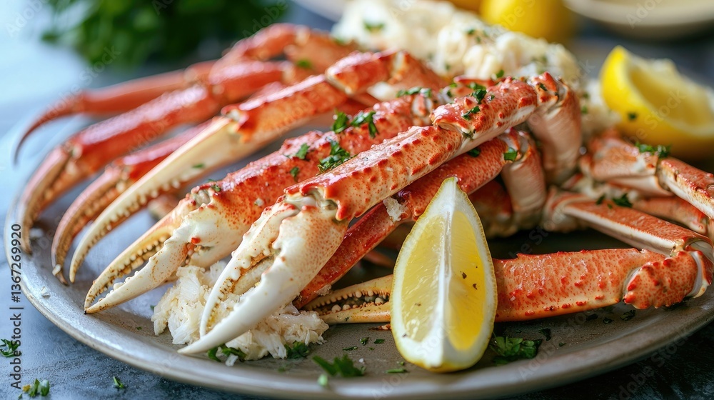 Poster snow crab legs served on a platter with garlic butter and lemon wedges.