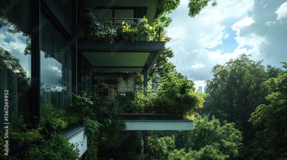 Aufkleber green foliage overgrown on modern building balconies with sunlight through trees and partially cloud