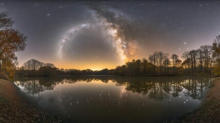 Stunning Panorama of Milky Way Over Calm Lake Surrounded by Autumn Trees at Dusk