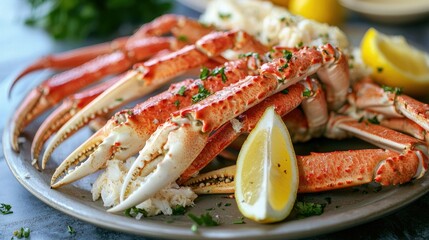 Snow crab legs served on a platter with garlic butter and lemon wedges. 