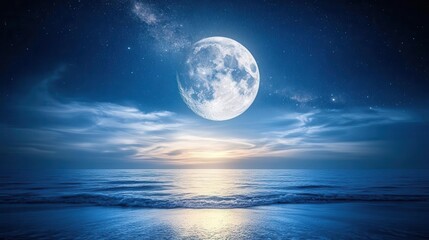 Vibrant Full Moon Rising Over Calm Ocean Waters Under Starry Night Sky
