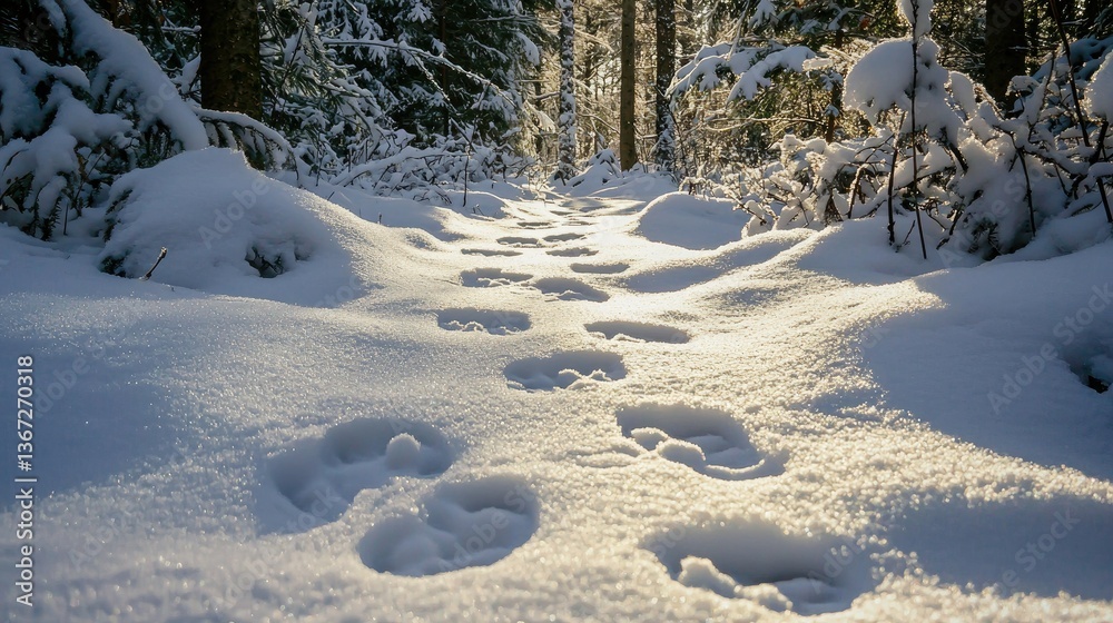 Poster soft bunny paw prints in the snow, leading through a forest path during winter.