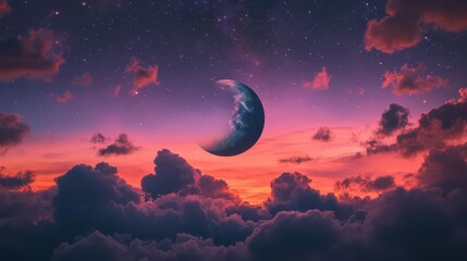 Stunning Twilight Sky with a Crescent Moon and Colorful Clouds Beneath a Starry Night
