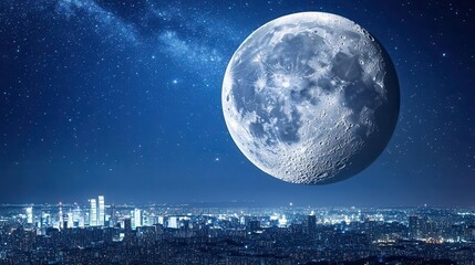Stunning Night Sky with Full Moon and Stars Over Illuminated Cityscape Below