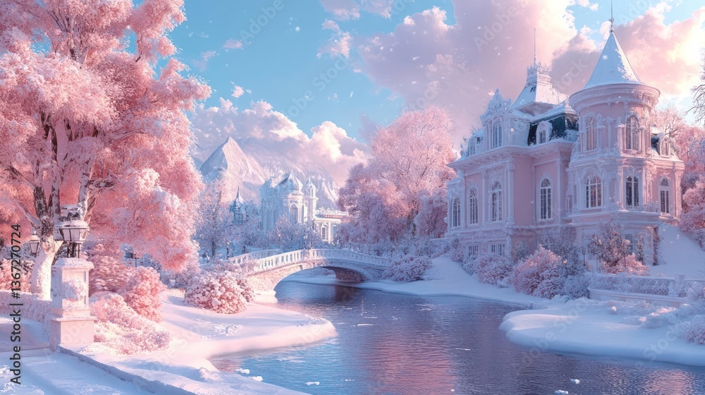 Poster scenic winter landscape featuring a building and snow covered trees and houses along a flowing river
