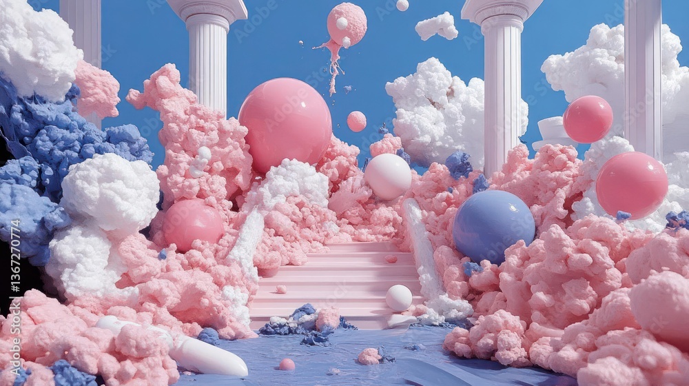 Poster Abstract pixelated scene with pink and blue spheres and cloud-like structures architectural elements and stairs against a clear blue sky