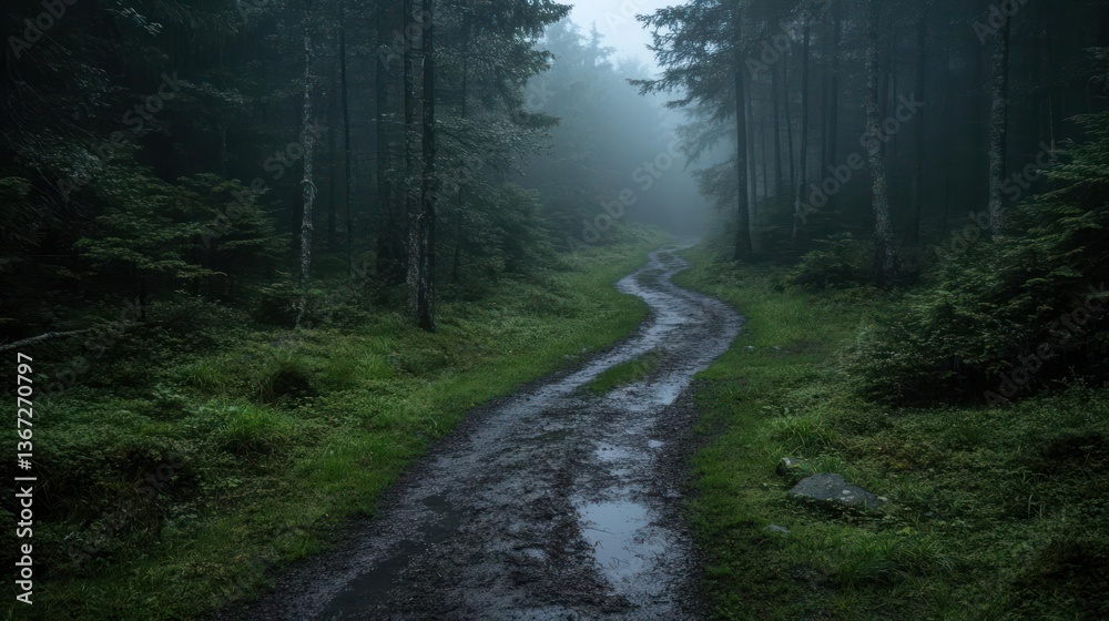 Fototapete a winding dirt path through a misty green forest with tall trees and wet ground creates a moody and 