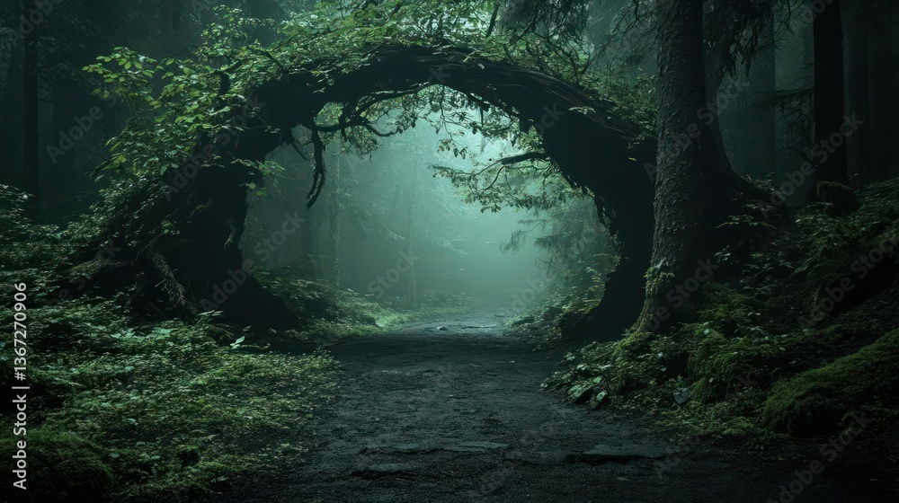 Fototapete lush forest scene with a stone path leading to a bright archway of greenery in a mysterious atmosphe