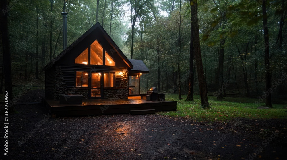 Poster Cabin in the woods at dusk with interior lights visible through the windows creating a warm inviting glow. The scene captures a sense of tranquility and escape within a wooded environment