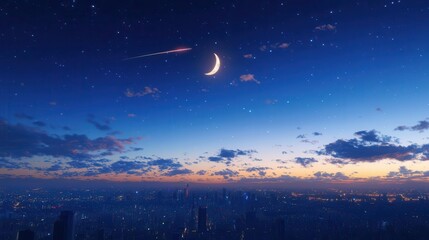 Stunning Night Sky Over a Cityscape with a Crescent Moon and Bright Stars at Dusk