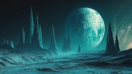 Surreal Alien Landscape With Jagged Rock Formations Beneath A Glowing Moon On Distant Planet