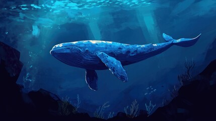 Fototapeta premium Majestic Blue Whale Gliding Through Tranquil Underwater Depths Illustration