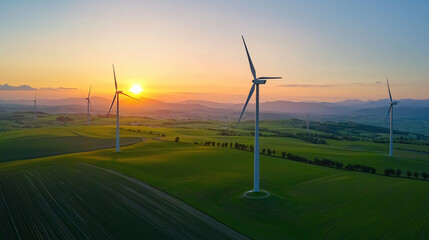 Environmental, Social, and Governance (ESG) Concept, Aerial View of Wind Turbines on Green Hills at Sunset Renewable Energy Landscape