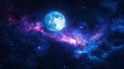 Vibrant Cosmic View of a Bright Blue Moon Surrounded by a Colorful Nebula and Distant Stars