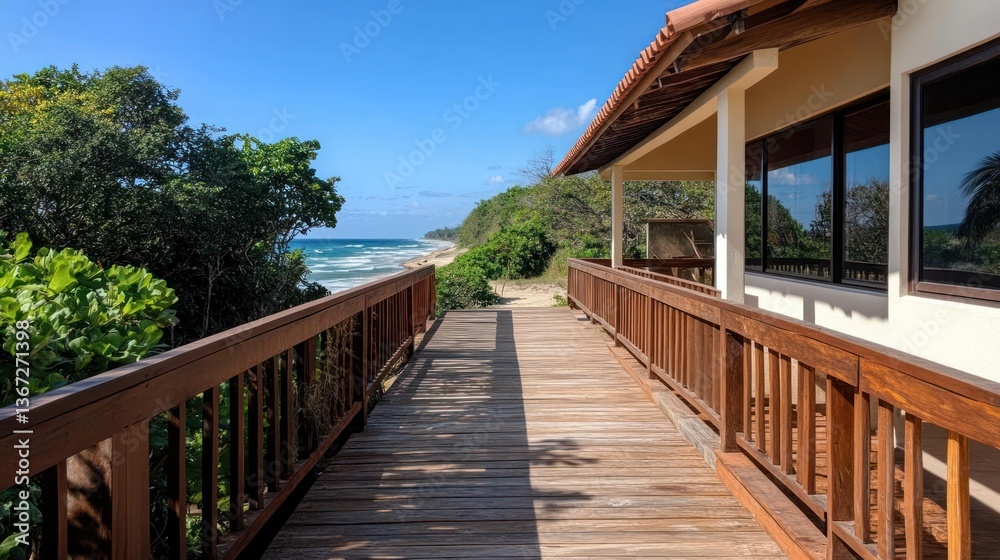 Poster wooden walkway leading to oceanfront property under bright blue sky with waves crashing on the shore