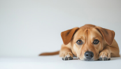 Adorable brown dog lying down on white background with expressive eyes