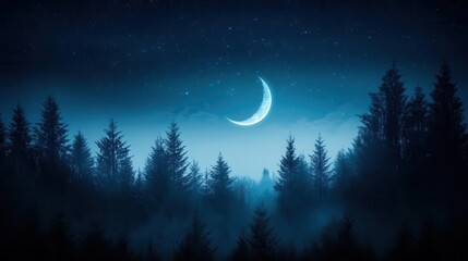 Tranquil Forest Under a Starry Sky with a Crescent Moon Illuminating the Night