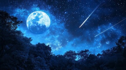 Stunning Night Sky with Full Moon and Twinkling Stars Above a Dark Forest Landscape