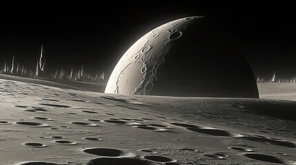 Surreal View of a Lunar Surface with a Distant Planet against a Dark Cosmic Background