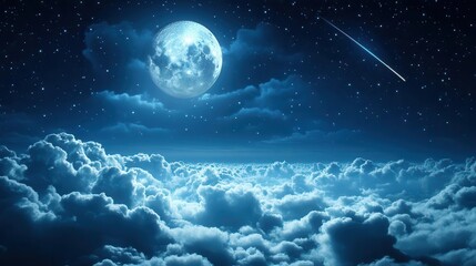 Stunning Night Sky with Bright Full Moon and Shooting Star Over Serene Cloudscape