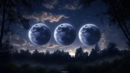 Tranquil Night Landscape Featuring Three Celestial Moons Shining Over a Forest at Dusk
