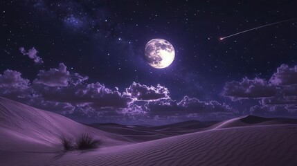 Stunning Night Sky Over Desert Dunes with Full Moon and Starry Background in Serene Atmosphere