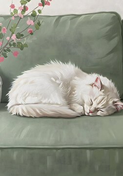 A minimalist oil painting of a white cat sleeping on a green sofa with some plant, pastel color palette, Close shot