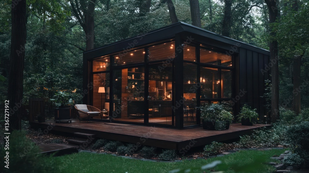 Poster modern black cabin illuminated by string lights nestled within a lush green forest offering a cozy a