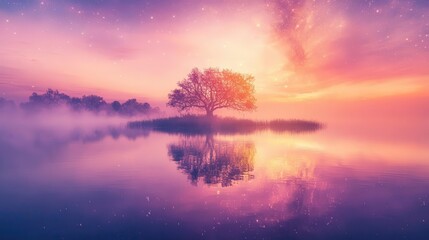 Vibrant Sunset Over Tranquil Lake with Tree Reflection on an Isolated Island