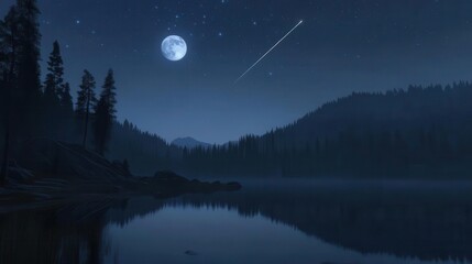 Tranquil Night Landscape with Full Moon Over Lake and Starry Sky in a Mountainous Wilderness