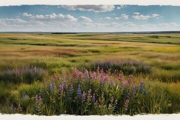 Alberta prairie fields with wildflowers in watercolor style