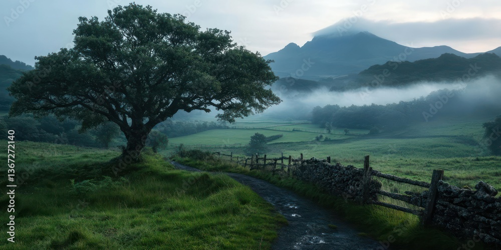 Fototapete a scenic landscape features a dirt path winding through a vibrant green field towards a tree under a