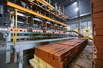 Brick manufacturing process  conveyor belt transport and packaging in a modern facility