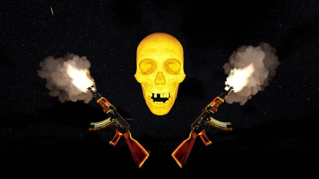A mysterious skull and machine gun fire. Shots of fire and smoke