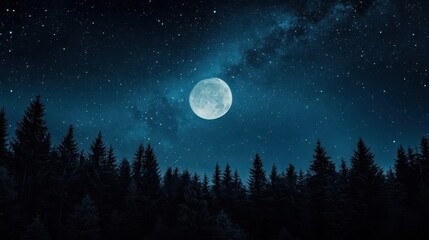 Stunning Night Sky with Full Moon and Starry Milky Way Over Dense Forest Landscape
