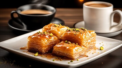 A plate of golden, flaky Lebanese baklava drizzled with honey and sprinkled with crushed pistachios, served with a cup of Arabic coffee