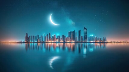 Stunning Nighttime City Skyline with Moon and Stars Reflecting on Calm Waters