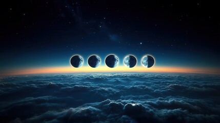 Surreal Celestial Phenomenon Along Horizon Above Ocean with Gradual Moon Phases at Night