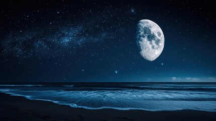 Stunning Night Sky with Full Moon Over Calm Ocean Waves and Starry Background