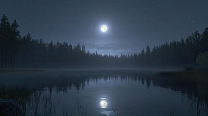 Tranquil Night Landscape Featuring Full Moon Reflected on Calm Water Surrounded by Forest