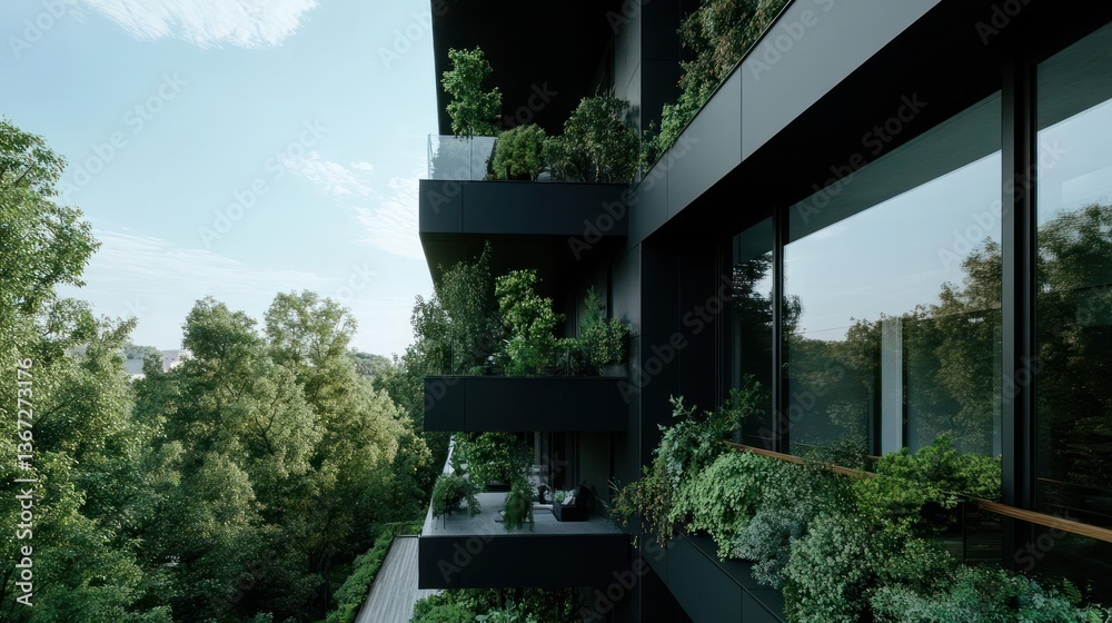 Aufkleber exterior of generic building with balconies filled with greenery reflecting the sun. lush green foli