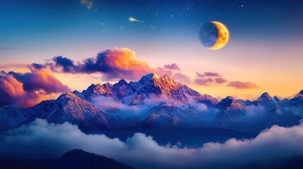 Stunning Twilight Landscape with Majestic Mountains and Glowing Moon in the Night Sky