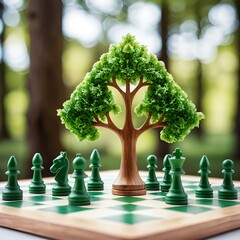 Green Chess Pieces and a Tree of Life Representing Environmental Strategy