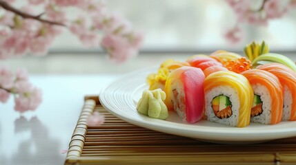 A beautifully arranged plate of colorful sushi garnished with wasabi.