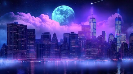 Vibrant Urban Skyline at Night with Neon Lights and Full Moon Reflection over Water