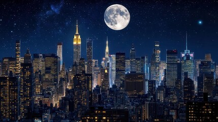 Stunning Nighttime City Skyline at Dusk with Full Moon and Sparkling Stars in Urban Landscape