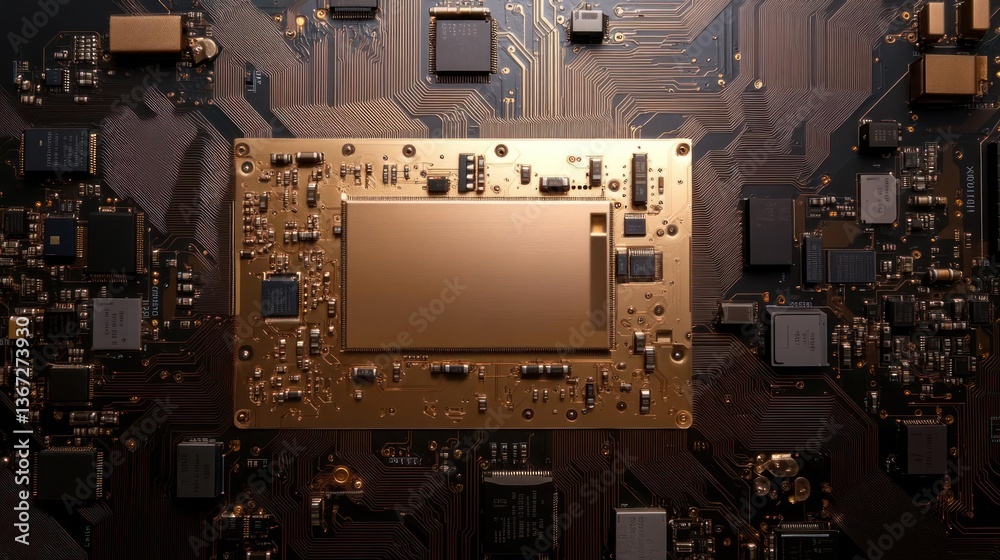 Poster Close up view of a golden computer chip with intricate details on a dark background with lights suggesting data flow and technological advancement