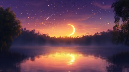 Stunning Twilight Sunset Over a Calm River with Crescent Moon and Twinkling Stars