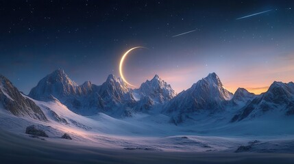 Vast Snowy Mountain Landscape Under a Crescent Moon and Starry Sky at Dusk